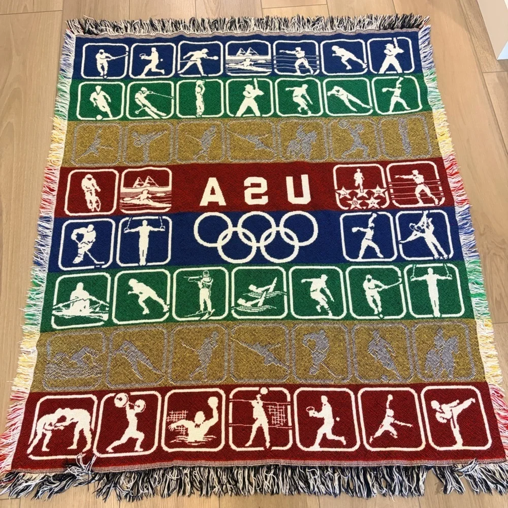 Vintage USA Olympics Knit Woven Multicolor Throw Blanket VERY RARE
